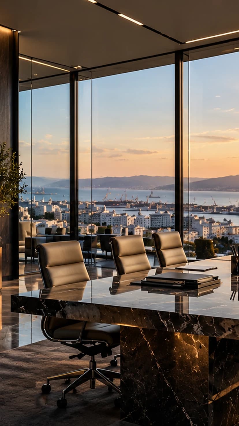 Contemporary meeting room at sunset, overlooking a port city — illustrative visual.